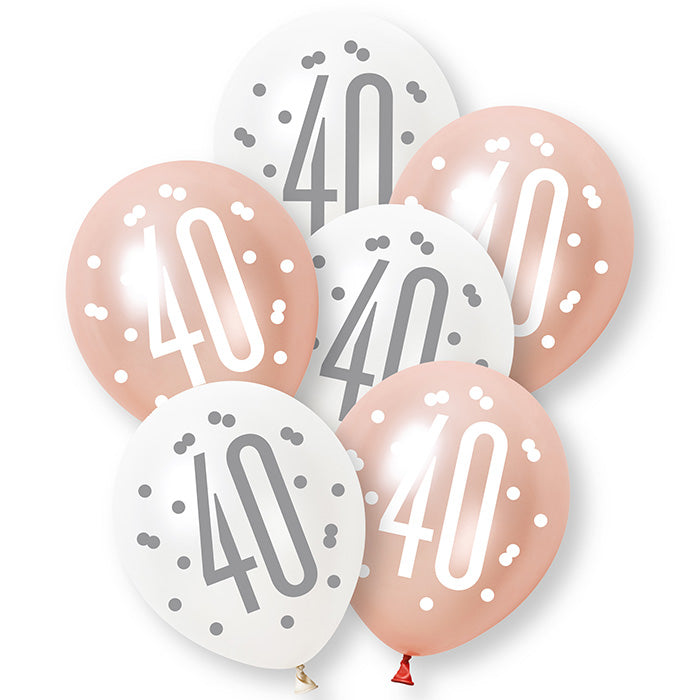 Rose Gold and White 40th Birthday Latex Balloons 6 Pack | Party Save Smile