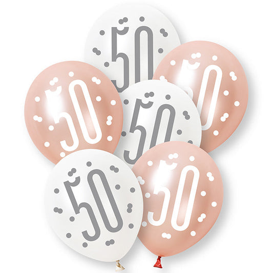 Rose Gold and White 50th Birthday Latex Balloons 6 Pack | Party Save Smile