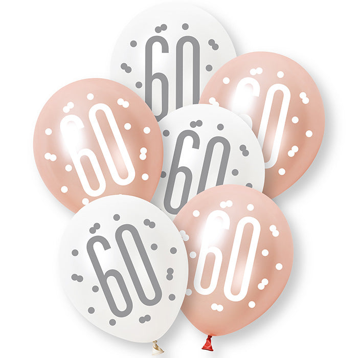 Rose Gold and White 60th Birthday Latex Balloons 6 Pack | Party Save Smile