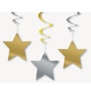 Silver and Gold Hanging Star Decorations Pack of 3