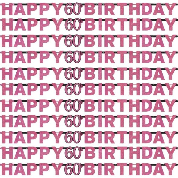 Pink Sparkle 60th Birthday Paper Letter Banner 2.1 Metres | Party Save Smile