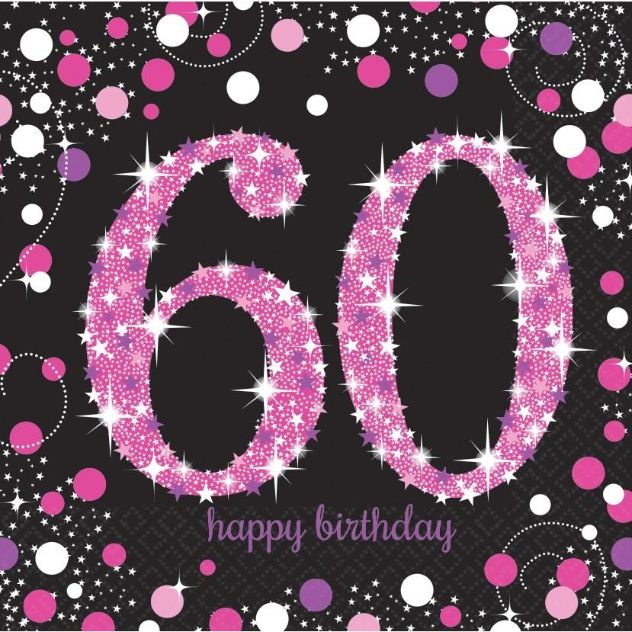 Pink Sparkle 60th Birthday Party Napkins Pack of 16 | Party Save Smile