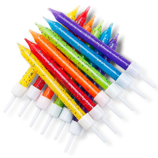 Rainbow Coloured Glitter Cake Candles Decorations Pack of 12 | Party Save Smile
