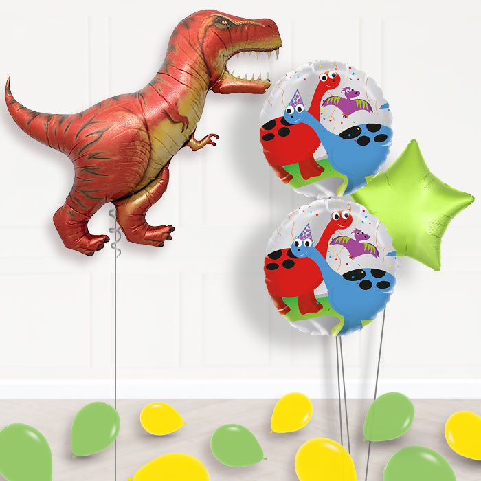 T-Rex Dinosaur Helium Balloon in a Box Gift-Giant Balloon + 2 Themed Balloons + 1 Plain Balloon + Mini Balloons 