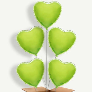 Lime Green Heart 5 Balloon Cluster Inflated with Helium