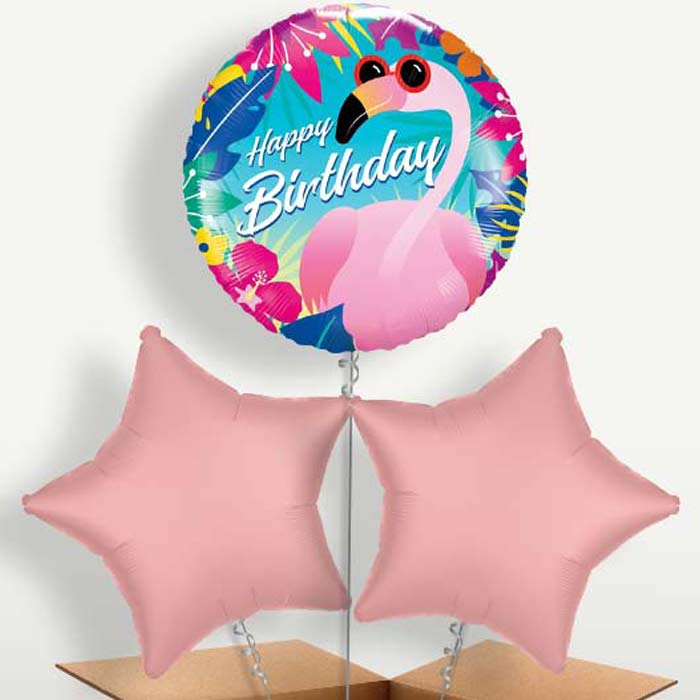 Flamingo Birthday Trio Balloon Bunch inflated with Helium | Party Save Smile