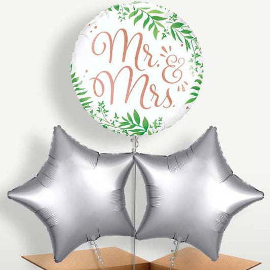 Rose Gold Mr & Mrs Trio Balloon Bunch inflated with Helium | Party Save Smile