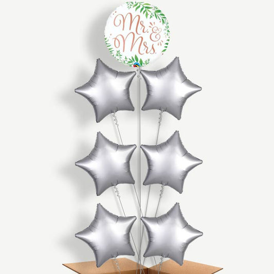 Rose Gold Mr & Mrs Balloon Arrangement Inflated with Helium | Party Save Smile