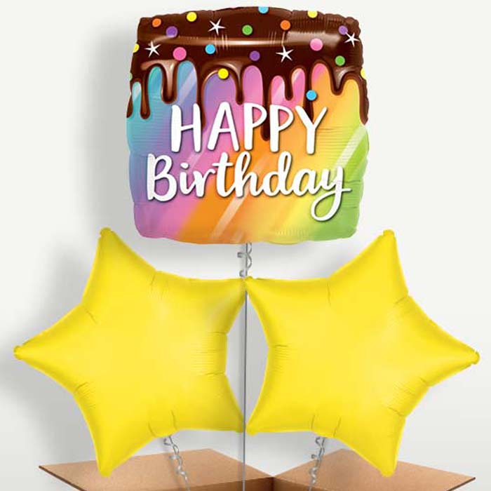 Happy Birthday Cake Balloons in a Bunch Inflated with Helium | Party Save Smile