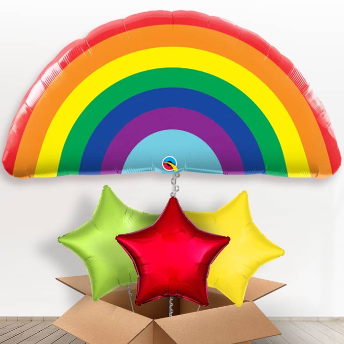 Giant Rainbow Helium Balloons in a Box Gift - With 3 Plain Balloons | Party Save Smile