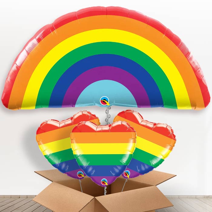 Giant Rainbow Helium Balloons in a Box Gift - With 3 Themed Balloons | Party Save Smile