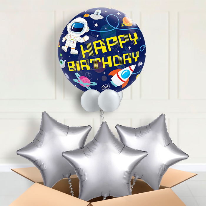 Happy Birthday Space Bubble Balloon in a Box - Bubble Balloon with 3 Balloons | Party Save Smile