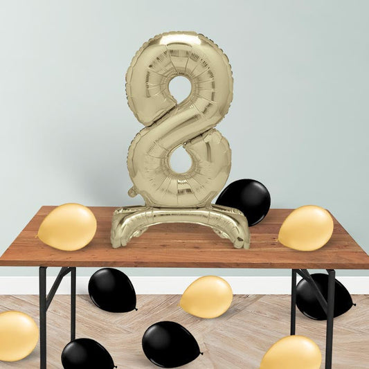 Gold Number 8 Birthday Inflated Standing Balloon Decoration - Number 8 | Party Save Smile