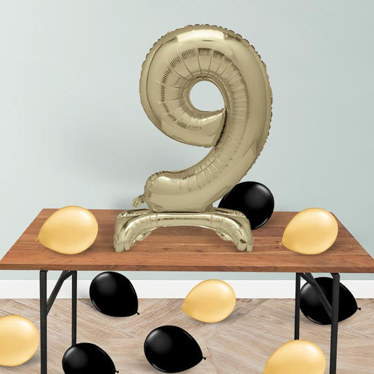 Gold Number 9 Birthday Inflated Standing Balloon Decoration - Number 9 | Party Save Smile