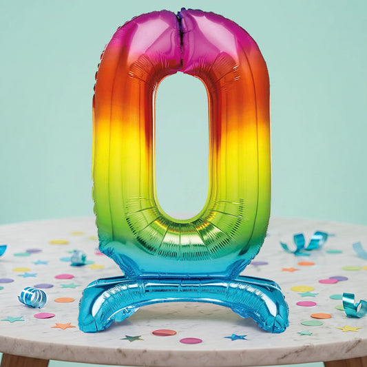 Rainbow Number 0 Birthday Inflated Standing Balloon Decoration - Number 0 | Party Save Smile