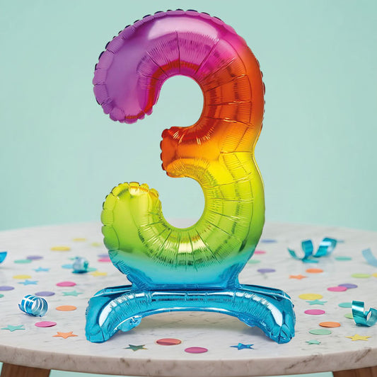 Rainbow Number 3 Birthday Inflated Standing Balloon Decoration - Number 3 | Party Save Smile