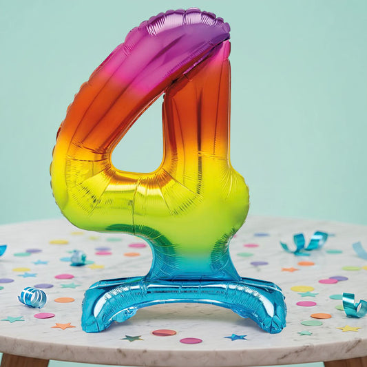 Rainbow Number 4 Birthday Inflated Standing Balloon Decoration - Number 4 | Party Save Smile
