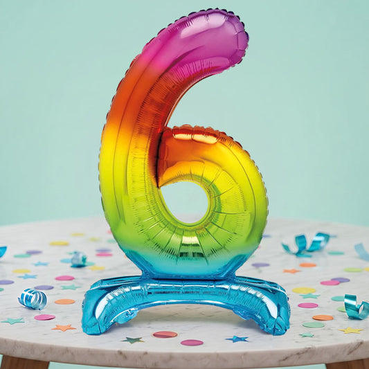 Rainbow Number 6 Birthday Inflated Standing Balloon Decoration - Number 6 | Party Save Smile