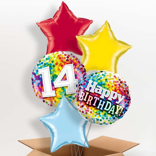 Rainbow Dots 14th Birthday Helium Balloons in a Box - 5 Balloon | Party Save Smile