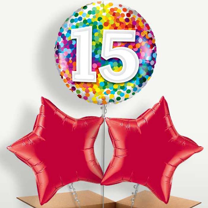 Rainbow Confetti 15th Birthday Trio Balloon Bunch | Party Save Smile
