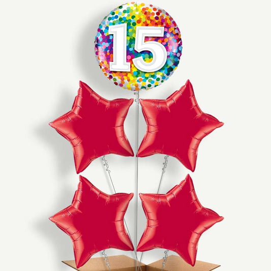 Rainbow Confetti 15th Birthday Helium Cluster Balloons | Party Save Smile