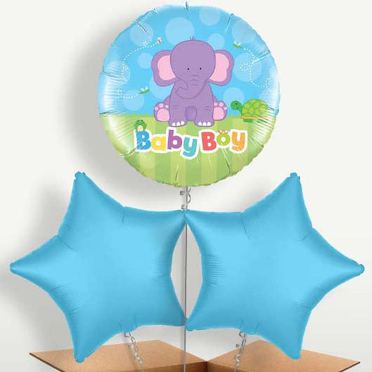 Elephant Baby Boy Trio Balloon Bunch inflated with Helium | Party Save Smile