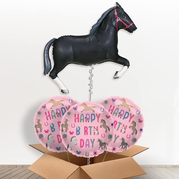 Black Horse Helium Balloon In a Box - With 3 Themed Balloons | Party Save Smile