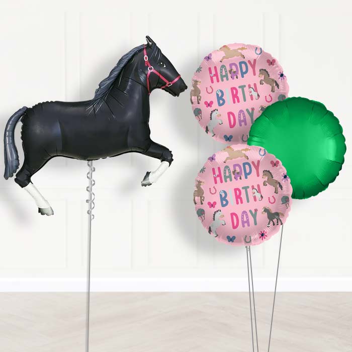 Helium Horse Balloons Delivered Inflated (Black)-Giant Balloon + 2 Themed Balloons + 1 Plain Balloon 