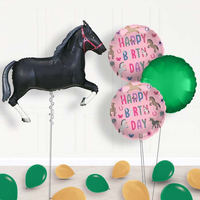 Helium Horse Balloons Delivered Inflated (Black)-Giant Balloon + 2 Themed Balloons + 1 Plain Balloon + Mini Balloons 