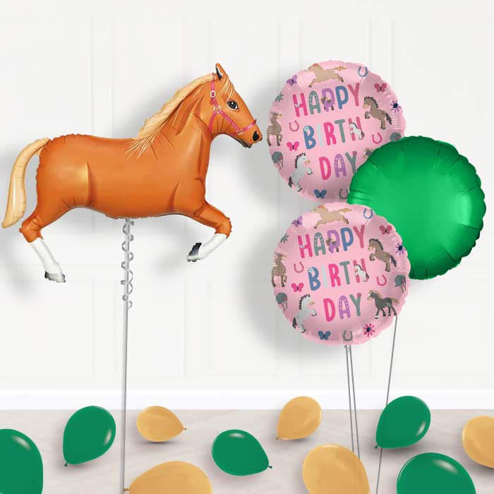 Helium Horse Balloons Delivered Inflated (L Brown)-Giant Balloon + 2 Themed Balloons + 1 Plain Balloon + Mini Balloons 