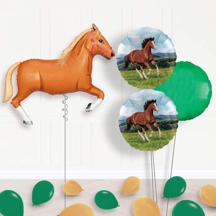 Helium Horse Balloons Delivered Inflated (L Brown)-Giant Balloon + 2 Themed Balloons + 1 Plain Balloon + Mini Balloons 