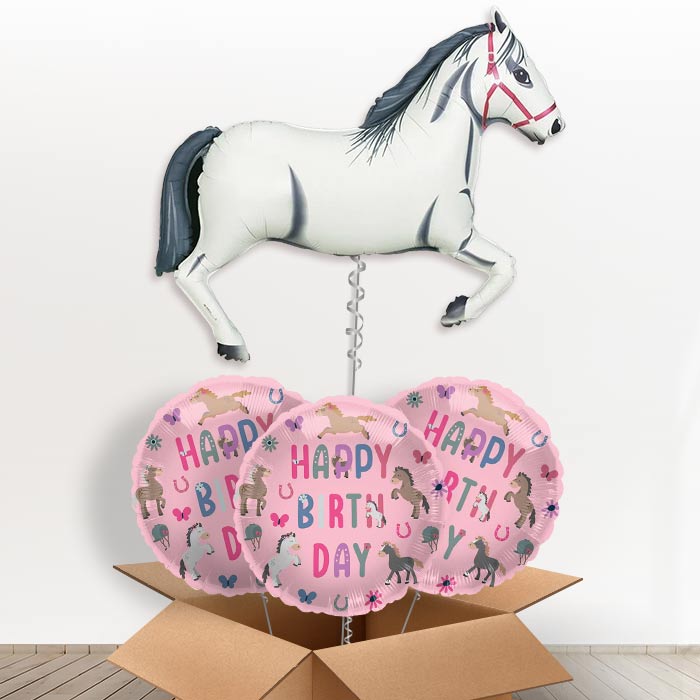 White Horse Helium Balloon In a Box - With 3 Themed Balloons | Party Save Smile