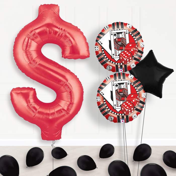 Dollar Sign Helium Balloon Bouquet Delivered in a Box-Giant Balloon + 2 Themed Balloons + 1 Plain Balloon + Mini Balloons 