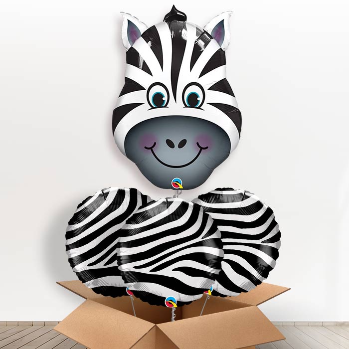 Giant Head Zebra Helium Balloon in a Box - With 3 Themed Balloons | Party Save Smile
