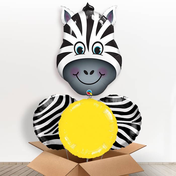 Giant Head Zebra Helium Balloon in a Box-1 x Giant Balloon and 2 Themed Balloons and 1 Plain Balloon 
