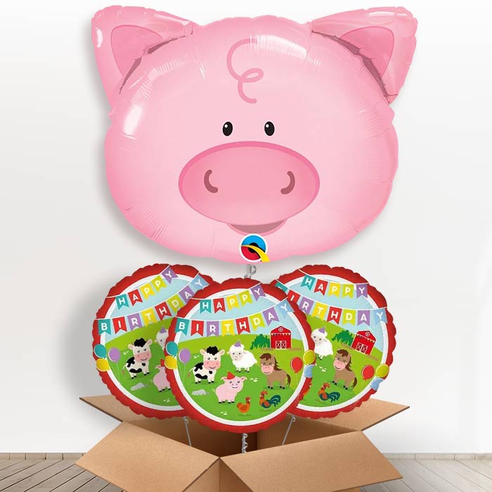 Giant Pig Helium Balloon in a Box Gift - With 3 Themed Balloons | Party Save Smile