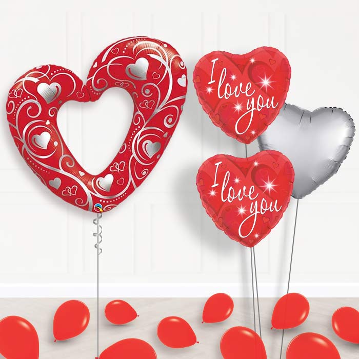 Heart Helium Balloon Bouquet in a Box-Giant Balloon + 2 Themed Balloons + 1 Plain Balloon + Mini Balloons 