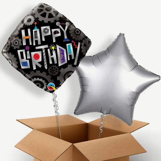 Happy Birthday Robot Cogwheels Helium Balloon Pair | Party Save Smile