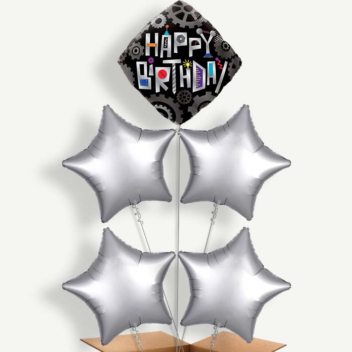 Happy Birthday Robot Cogwheels Helium Cluster Balloons | Party Save Smile