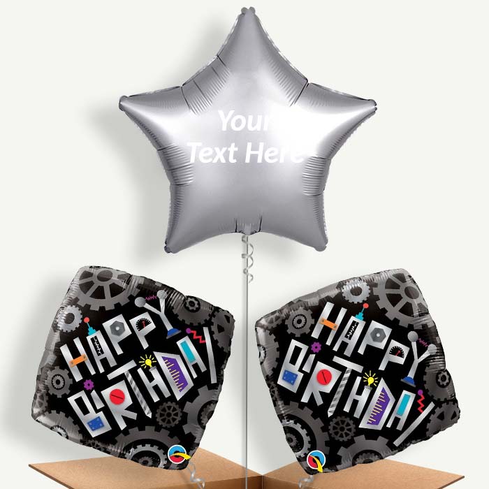 Personalisable Happy Birthday Robot Cogwheels Helium Balloons | Party Save Smile