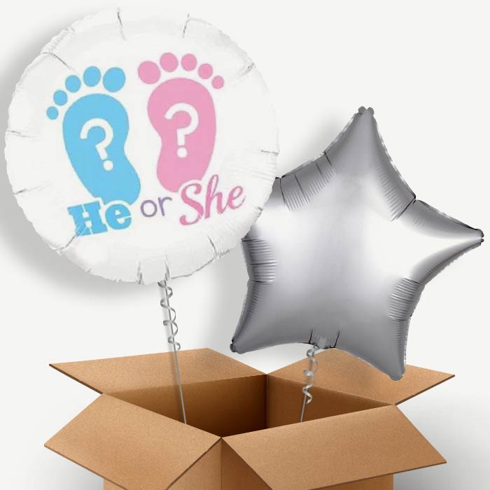 He or She Gender Reveal Helium Balloon Pair | Party Save Smile