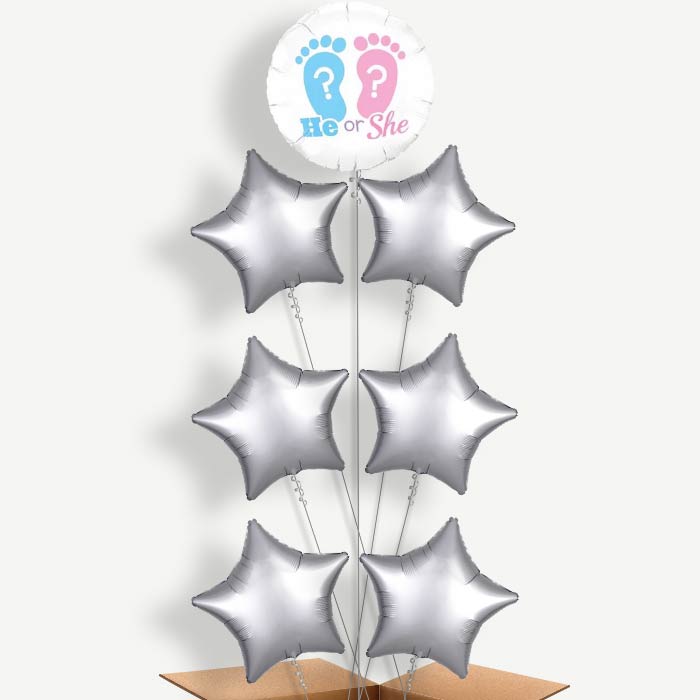 He or She Gender Reveal Helium Balloon Arrangement | Party Save Smile