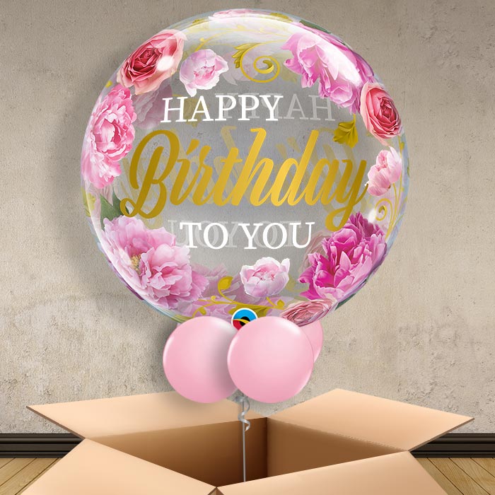 Pink Peonies Birthday Bubble Balloon in a Box - Bubble Balloon | Party Save Smile