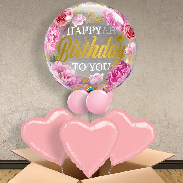Pink Peonies Birthday Bubble Balloon in a Box - Bubble Balloon with 3 Balloons | Party Save Smile
