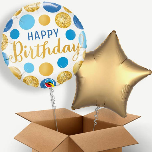 Happy Birthday Blue and Gold Helium Balloon Pair | Party Save Smile
