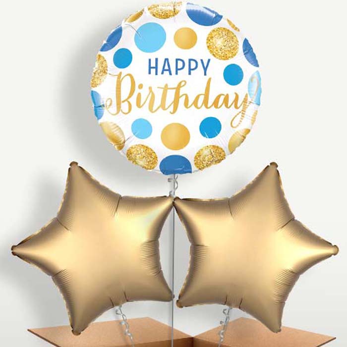 Happy Birthday Blue & Gold Balloons in a Bunch | Party Save Smile
