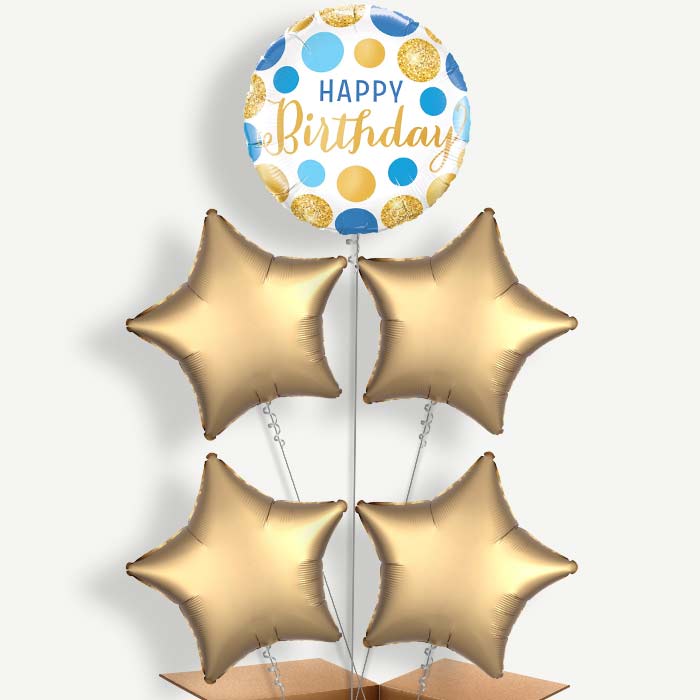 Happy Birthday Blue & Gold Helium Cluster Balloons | Party Save Smile