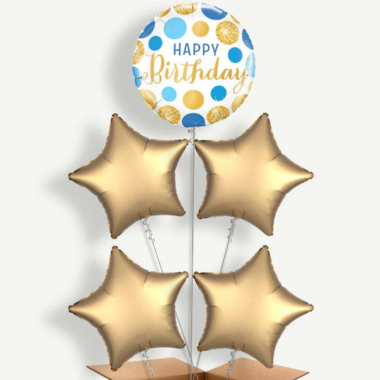 Happy Birthday Blue & Gold Helium Cluster Balloons | Party Save Smile