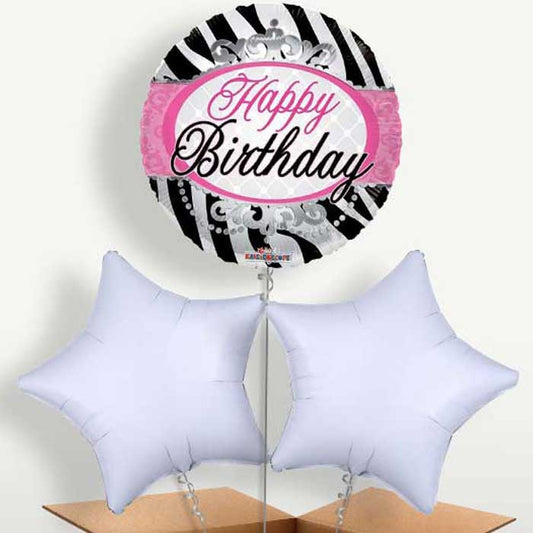 Happy Birthday Zebra Bunch of Balloons inflated with Helium | Party Save Smile
