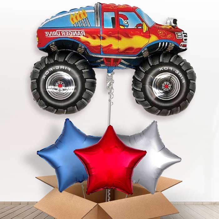 Giant Monster Truck Helium Balloons in a Box - With 3 Plain Balloons | Party Save Smile